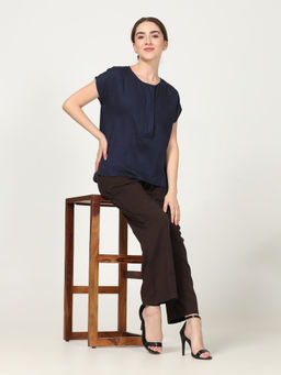 Saltpetre - Women Solid Navy Half Placket Top With Coffee Brown Pants (Set of 2)