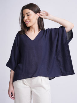 Saltpetre - Women Solid Navy Linen Kaftan Top