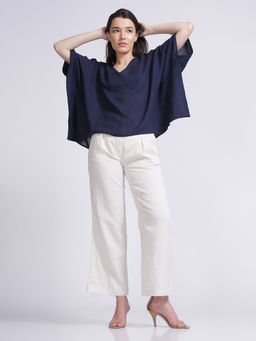 Saltpetre - Women Solid Navy Kaftan Top With Cream Pants (Set of 2)