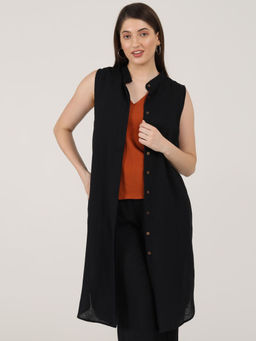 Saltpetre - Women Linen Solid Black Mandarin Collar Long Shirt Tunic