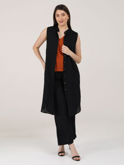 Saltpetre - Women Solid Black Long Shirt & Pants Autumn Rust V-Neck Top (Set of 3)