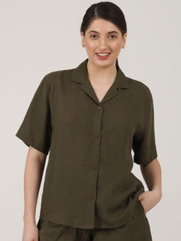 Saltpetre - Women Linen Solid Olive Cuban Collar Shirt