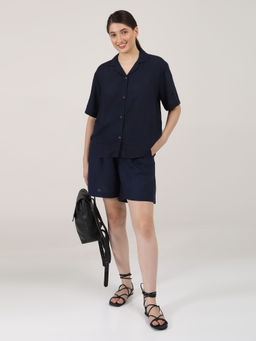 Saltpetre - Women Linen Solid Navy Cuban Collar Shirt With Shorts (Set of 2)