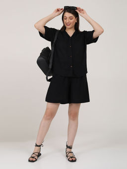 Saltpetre - Women Linen Solid Black Cuban Collar Shirt With Shorts (Set of 2)
