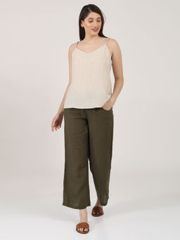 Saltpetre - Women Linen Solid Beige Slip Top With Olive Pants (Set of 2)