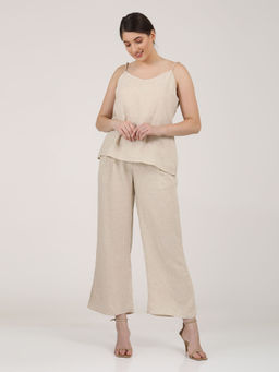 Saltpetre - Women Solid Beige Linen Slip Top With Pants (Set of 2)