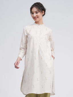 Saltpetre - Women Organic Cotton Block Printed Cream Pleated Tunic
