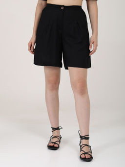 Saltpetre - Women Linen Solid Black Shorts