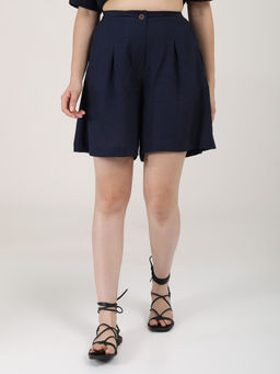 Saltpetre - Women Linen Solid Navy Shorts