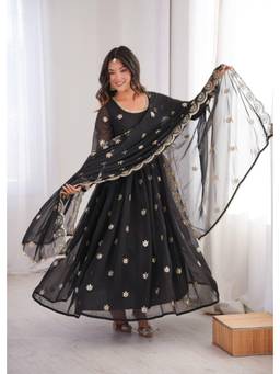 Wedani - Women's Embroidered Black Anarkali Kurta With Pant & Dupatta