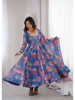 Wedani - Women's Printed Blue Anarkali Kurta With Pant & Dupatta