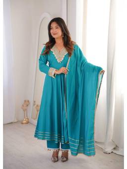 Wedani - Women's Embroidered Blue Anarkali Kurta With Pant & Dupatta
