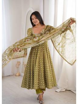 Wedani - Women's Printed Olive Anarkali Kurta With Pant & Dupatta