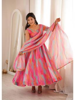 Wedani - Women's Printed Pink Anarkali Kurta With Pant & Dupatta