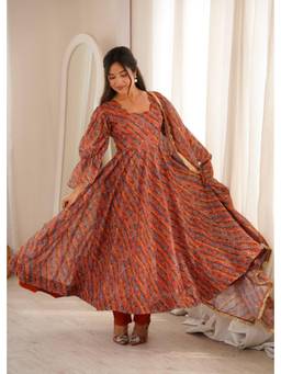 Wedani - Women's Printed Peach Anarkali Kurta With Pant & Dupatta