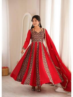 Wedani - Women's Printed Red Anarkali Kurta With Pant & Dupatta