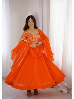 Wedani - Women's Embroidered Orange Anarkali Kurta With Pant & Dupatta