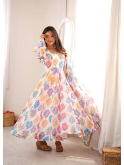 Wedani - Women's Printed White Anarkali Kurta With Pant & Dupatta