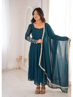 Wedani - Women's Solid Turquoise Anarkali Kurta With Pant & Dupatta