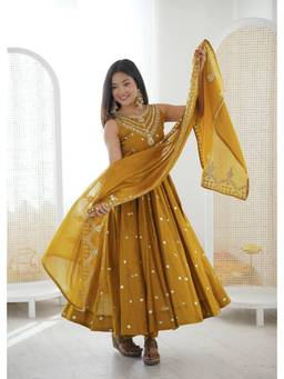 Wedani - Women's Embroidered Mustard Anarkali Kurta With Pant & Dupatta