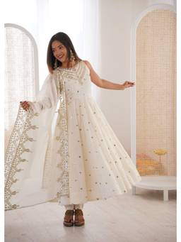 Wedani - Women's Embroidered White Anarkali Kurta With Pant & Dupatta