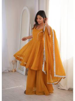 Wedani - Women's Embroidered Mustard Kurta With Palazzo & Dupatta