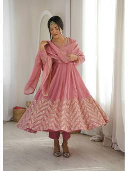 Wedani - Women's Embroidered Pink Anarkali Kurta With Pant & Dupatta