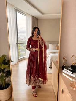 Wedani - Women's Embroidered Maroon Anarkali Kurta With Pant & Dupatta