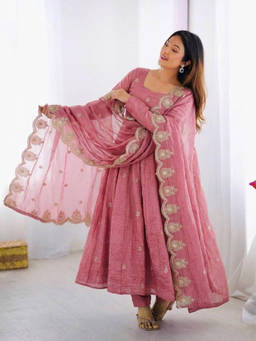 Wedani - Women's Embroidered Pink Anarkali Kurta With Pant & Dupatta