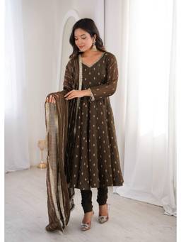 Wedani - Women's Embellished Brown Anarkali Kurta With Churidar & Dupatta