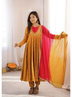 Wedani - Women's Embroidered Mustard Anarkali Kurta With Pant & Dupatta