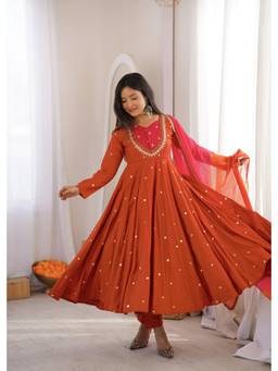 Wedani - Women's Embroidered Rust Anarkali Kurta With Pant & Dupatta