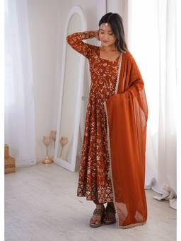 Wedani - Women's Embroidered Orange Anarkali Kurta With Pant & Dupatta