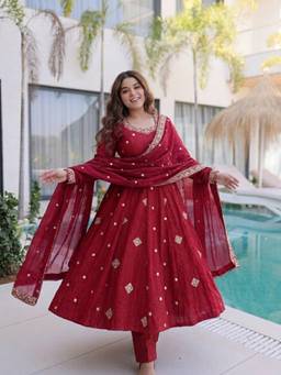 Wedani - Women's Embroidered Maroon Anarkali Kurta With Churidar & Dupatta
