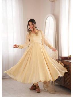 Wedani - Women's Embellished Beige Anarkali Kurta With Pant & Dupatta