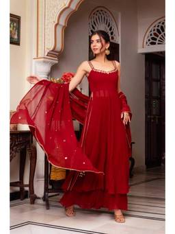 Wedani - Women's Embroidered Maroon Kurta With Palazzo & Dupatta