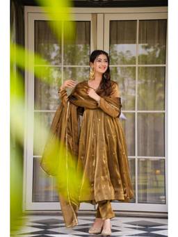 Wedani - Women's Embroidered Mustard Anarkali Kurta With Pant & Dupatta