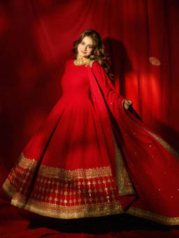 Wedani - Women's Woven Red Anarkali Kurta With Pant & Dupatta