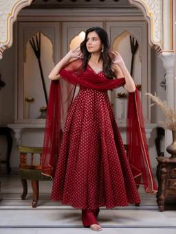 Wedani - Women's Woven Maroon Anarkali Kurta With Pant & Dupatta