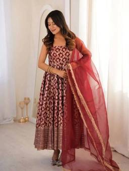 Wedani - Women's Embroidered Maroon Anarkali Kurta With Pant & Dupatta