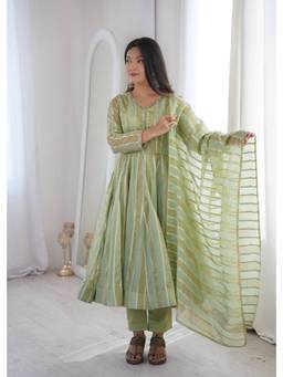 Wedani - Women's Striped Green Anarkali Kurta With Pant & Dupatta