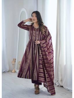 Wedani - Women's Striped Wine Anarkali Kurta With Pant & Dupatta