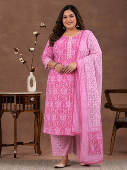 Extra love by Libas - Pink Floral Printed Straight Kurta With Pant & Dupatta