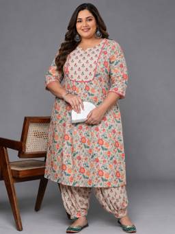 Extra love by Libas - Beige Cotton All-Over Printed Yoke Design Printed Kurta With Salwar