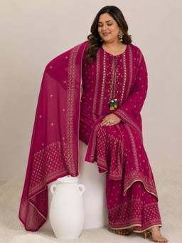 Extra love by Libas - Pink Embroidered Straight Kurta With Palazzo & Dupatta
