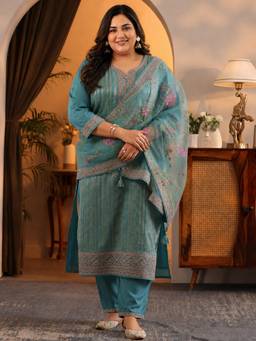 Extra love by Libas - Blue Floral Woven Design Straight Kurta With Pant & Dupatta
