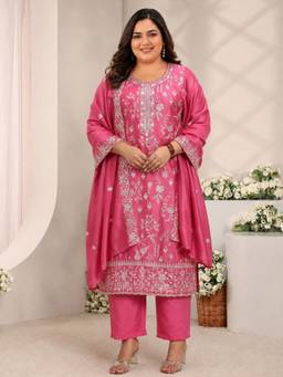 Extra love by Libas - Pink Floral Embroidered Straight Kurta With Pant & Dupatta