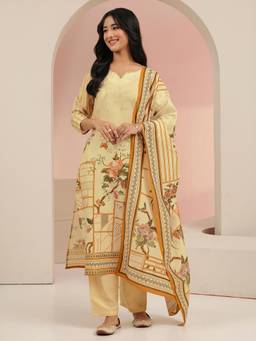 Libas - Beige Floral Printed Straight Kurta With Pant & Dupatta