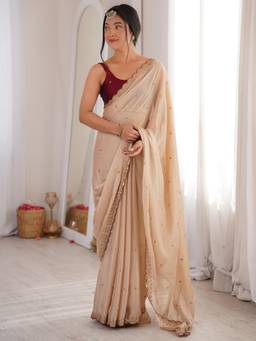Sareemall - Women's Pure Georgette Beige Embellished Exclusive Saree