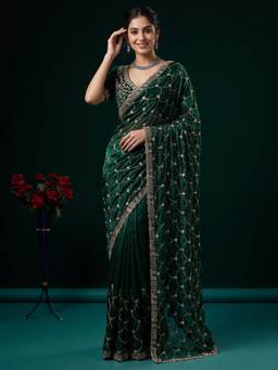 Sareemall - Women's Satin Green Embellished Heavy Work Saree